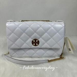 Tory Burch Willa Glazed Quilted Shoulder Bag Leather/White Chain Strap 156132